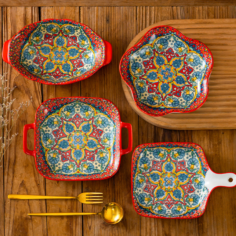 Hand-Painted Bohemian Ceramic Baking & Serving Dish Set – Colorful Artisan Oven-to-Table Cookware Collection