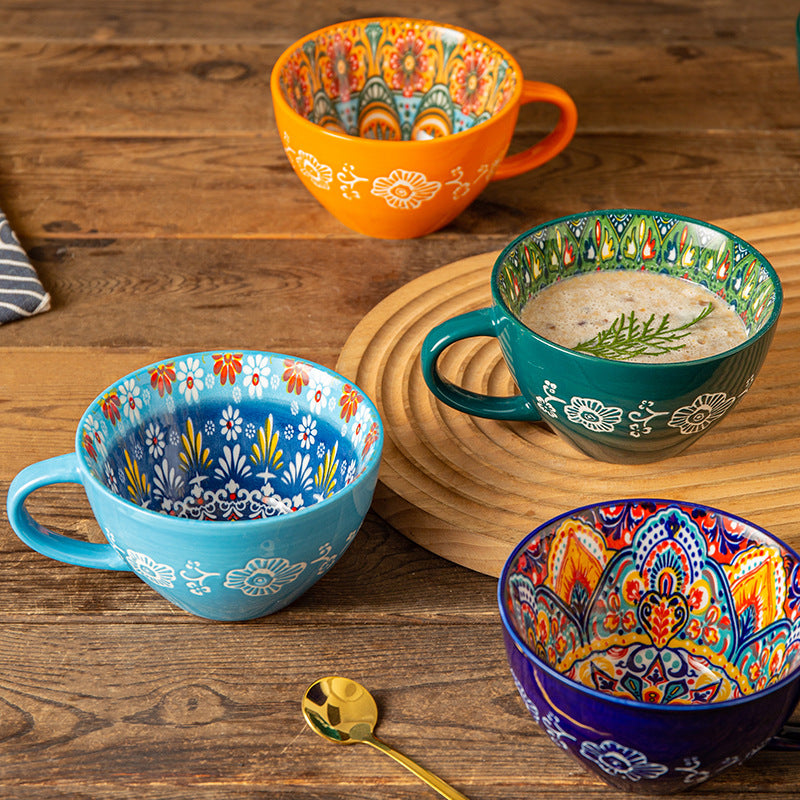 Hand-Painted Bohemian Ceramic Mug & Bowl Set – Colorful Artisan Tableware Collection