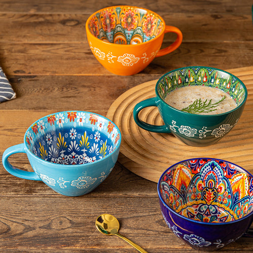 Hand-Painted Bohemian Ceramic Mug & Bowl Set – Colorful Artisan Tableware Collection