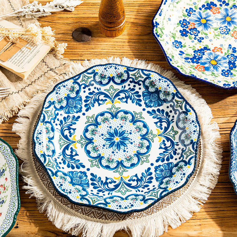 Hand-Painted Bohemian Ceramic Serving Plate Set – Floral Artisan Dinnerware Collection