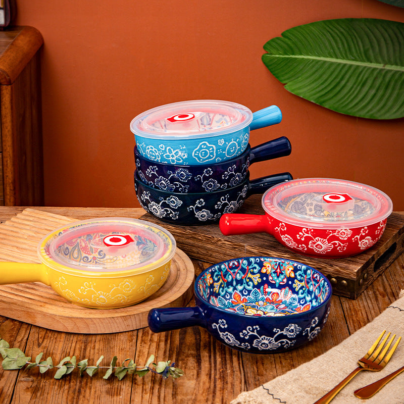 Hand-Painted Bohemian Ceramic Soup Bowl with Handle – Colorful Artisan Noodle & Serving Bowl Collection