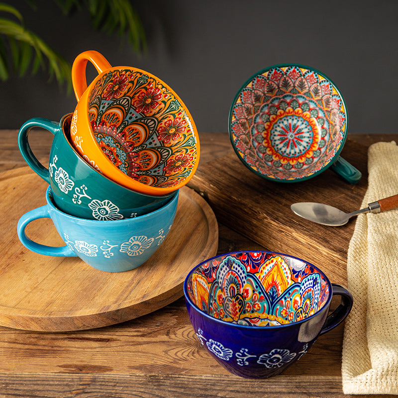 Hand-Painted Bohemian Ceramic Mug & Bowl Set – Colorful Artisan Tableware Collection