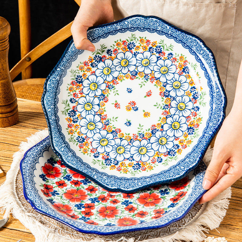 Hand-Painted Bohemian Ceramic Serving Plate Set – Floral Artisan Dinnerware Collection