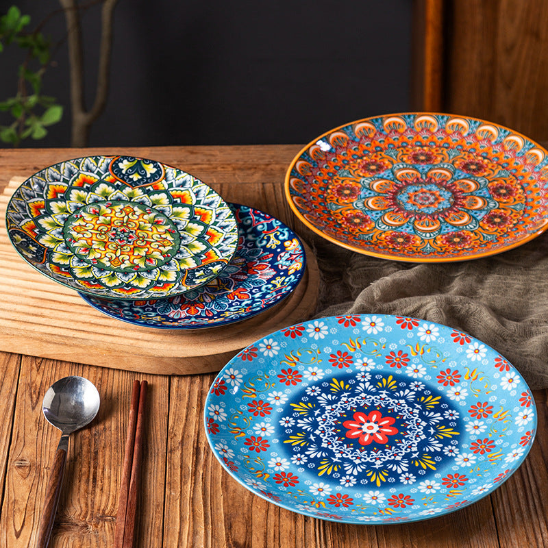 Hand-Painted Bohemian Ceramic Plate Set – Colorful Folk Art Dinnerware Collection