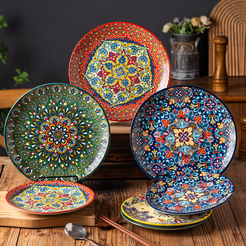 Hand-Painted Bohemian Ceramic Plate Set – Colorful Folk Art Dinnerware Collection
