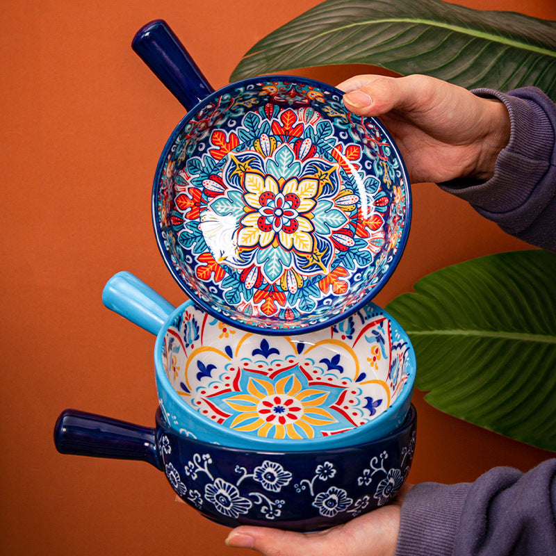 Hand-Painted Bohemian Ceramic Soup Bowl with Handle – Colorful Artisan Noodle & Serving Bowl Collection