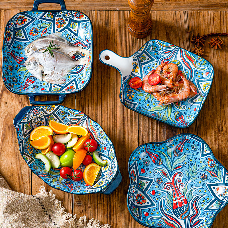 Hand-Painted Bohemian Ceramic Baking & Serving Dish Set – Colorful Artisan Oven-to-Table Cookware Collection