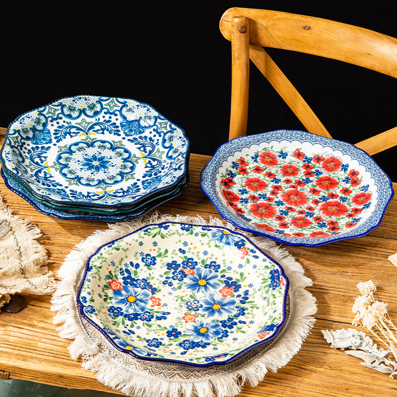 Hand-Painted Bohemian Ceramic Serving Plate Set – Floral Artisan Dinnerware Collection
