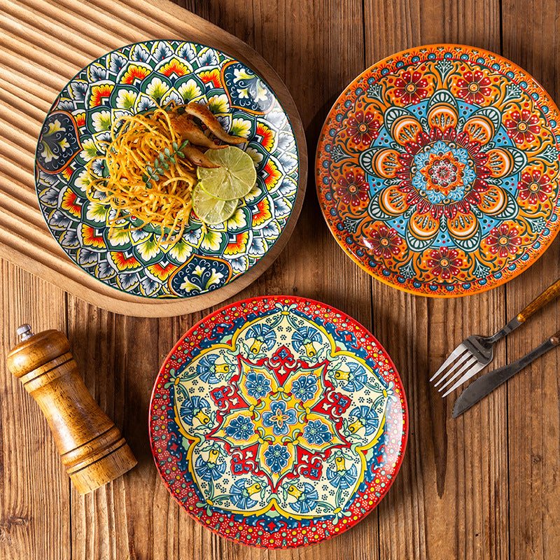 Hand-Painted Bohemian Ceramic Plate Set – Colorful Folk Art Dinnerware Collection