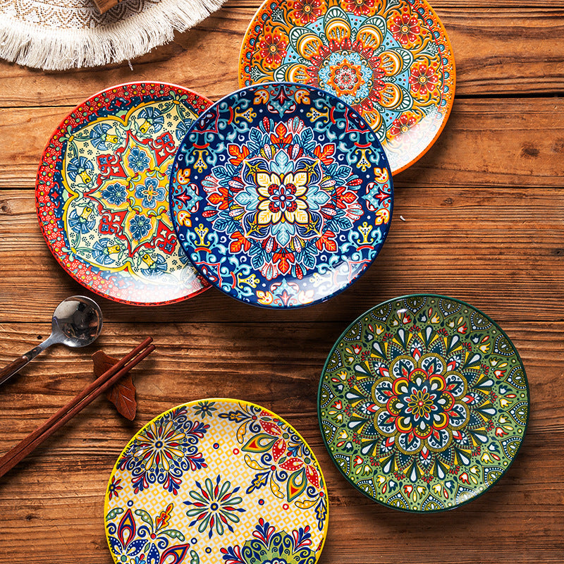 Hand-Painted Bohemian Ceramic Plate Set – Colorful Folk Art Dinnerware Collection